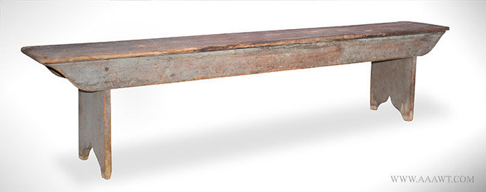 Antique Country Bench with Traces of Blue Paint, New England, Early 19th Century, angle view